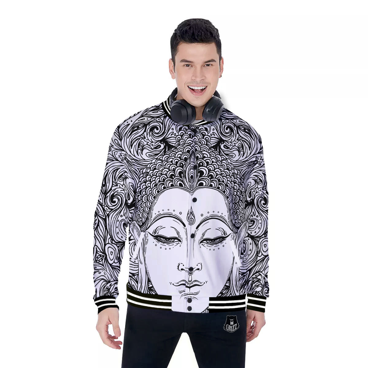 Buddha Mandala Spiritual Black White Print Baseball Jacket-grizzshop
