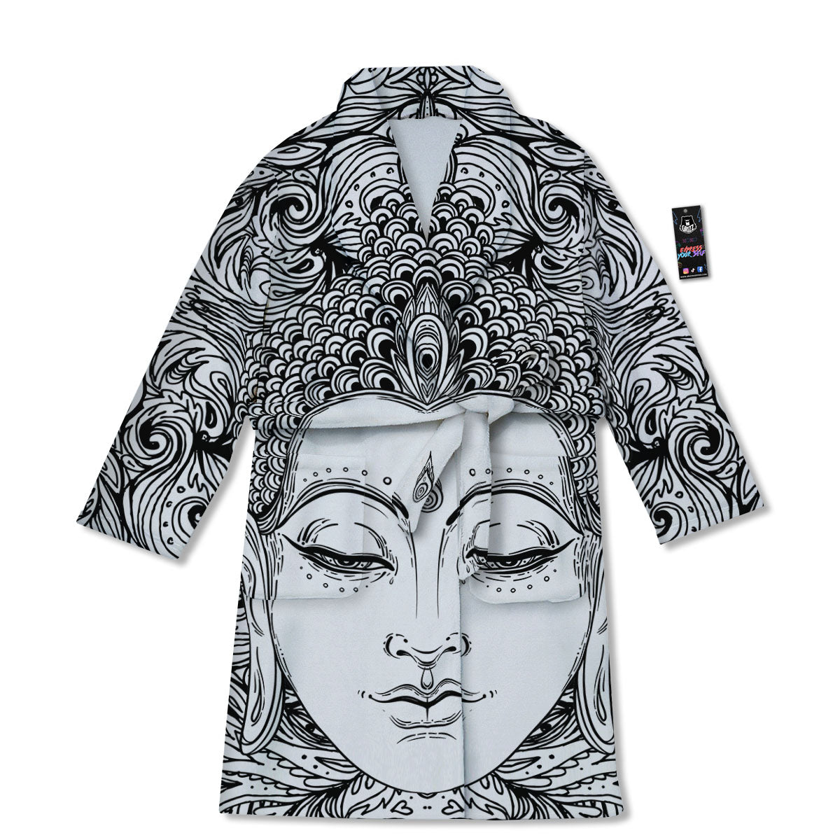 Buddha Mandala Spiritual Black White Print Bathrobe-grizzshop
