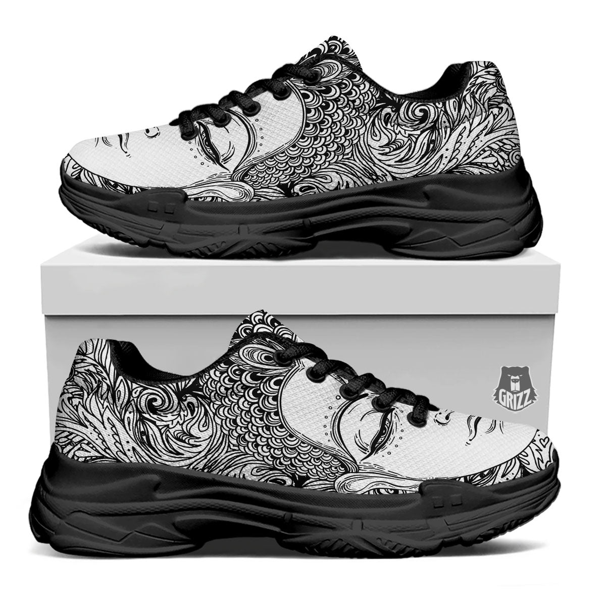 Buddha Mandala Spiritual Black White Print Black Chunky Shoes-grizzshop