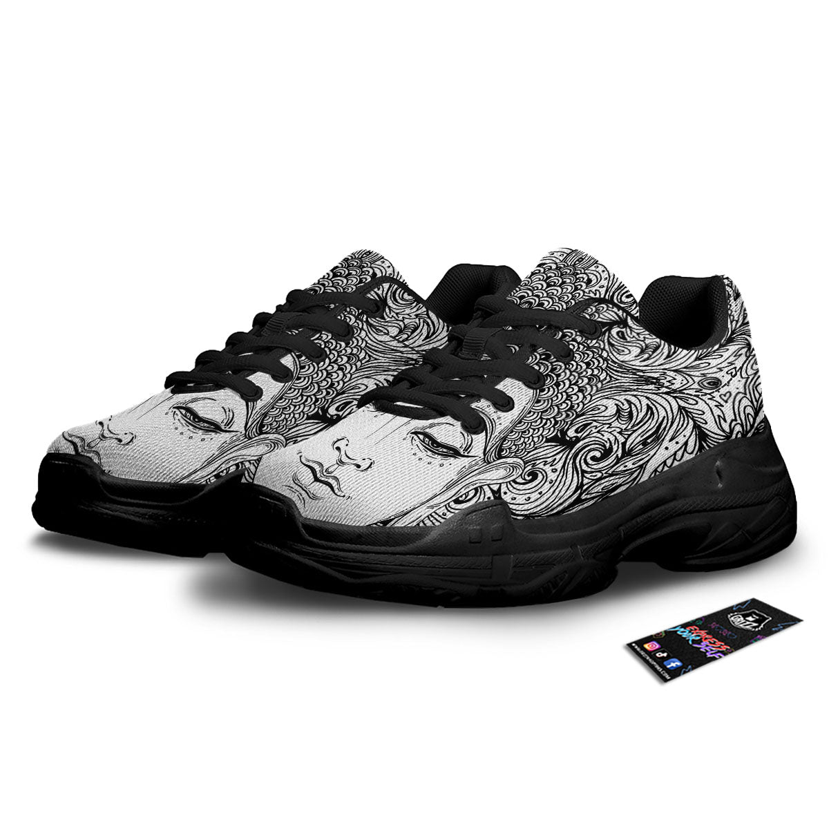 Buddha Mandala Spiritual Black White Print Black Chunky Shoes-grizzshop