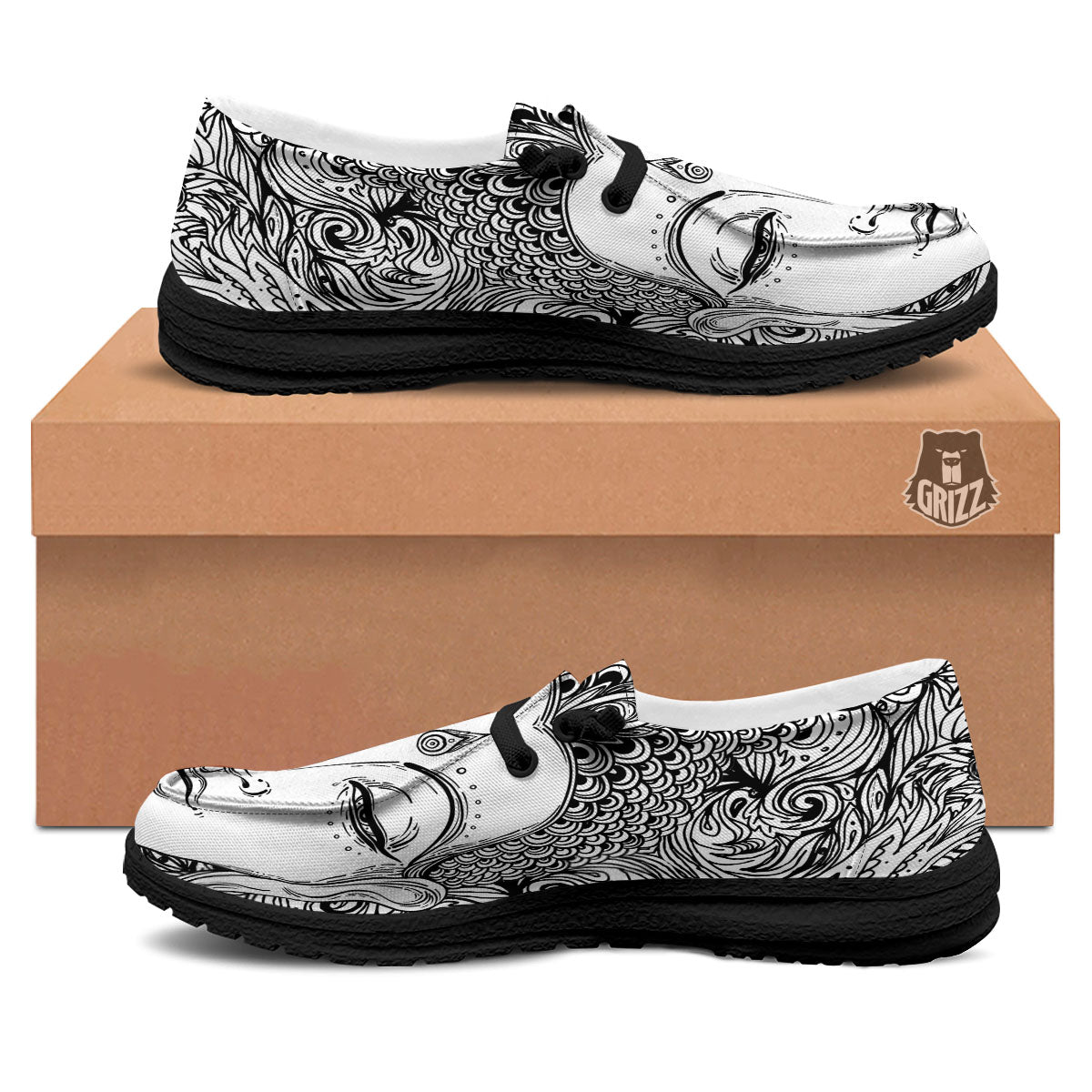 Buddha Mandala Spiritual Black White Print Black Loafers-grizzshop