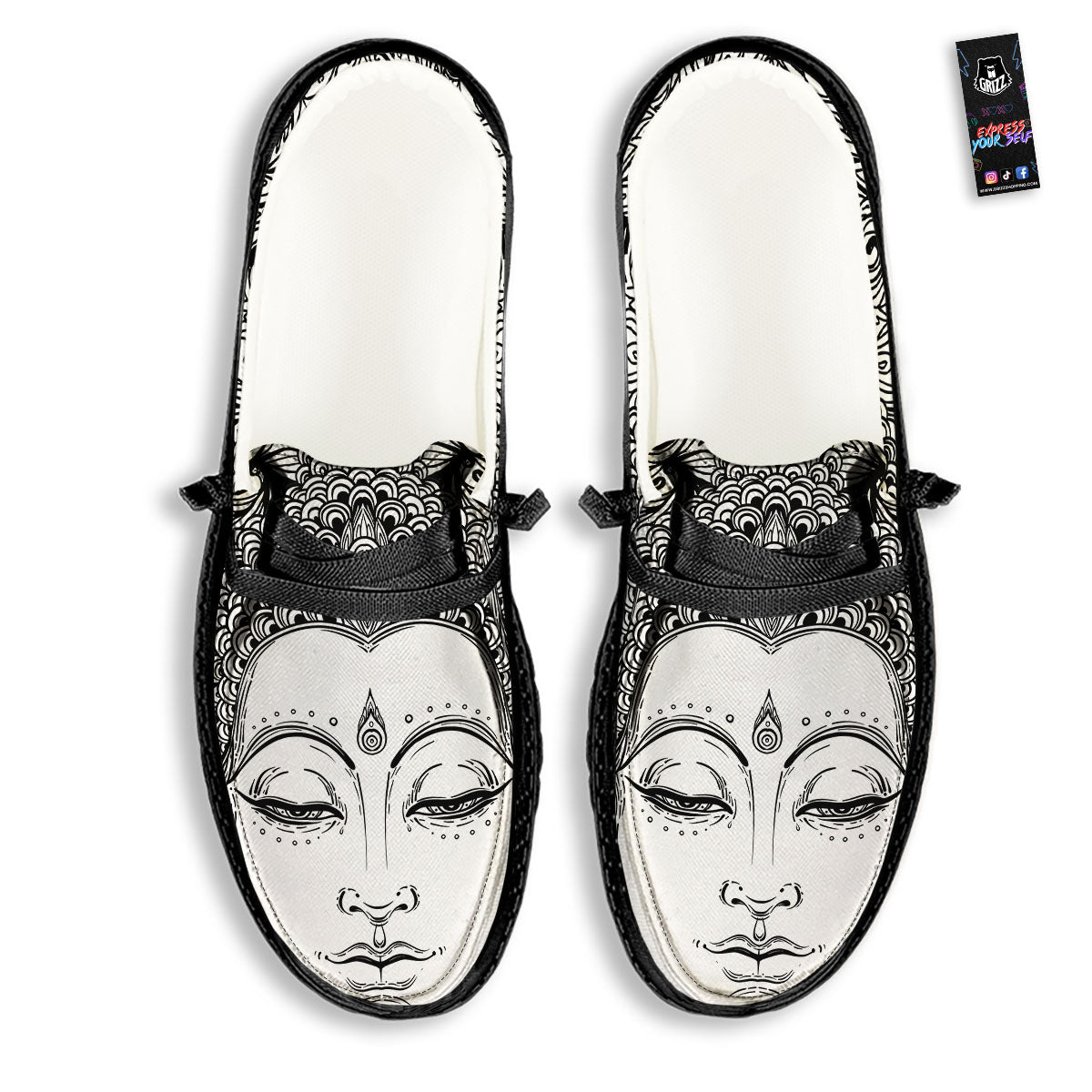Buddha Mandala Spiritual Black White Print Black Loafers-grizzshop