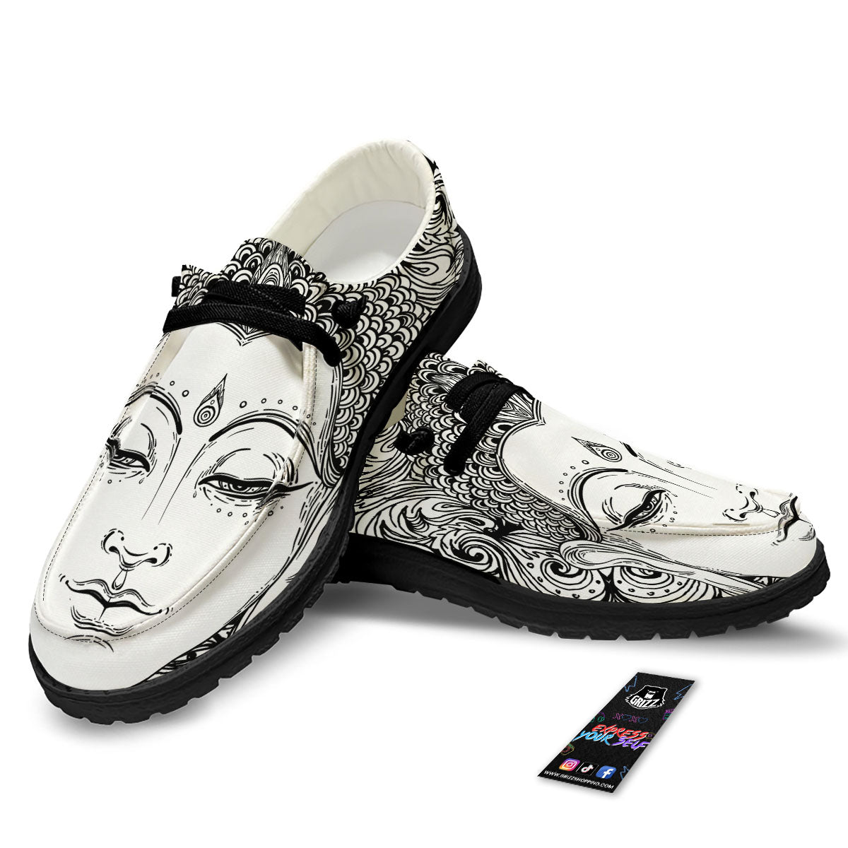 Buddha Mandala Spiritual Black White Print Black Loafers-grizzshop