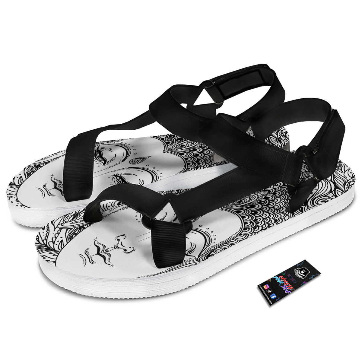 Buddha Mandala Spiritual Black White Print Black Open Toe Sandals-grizzshop