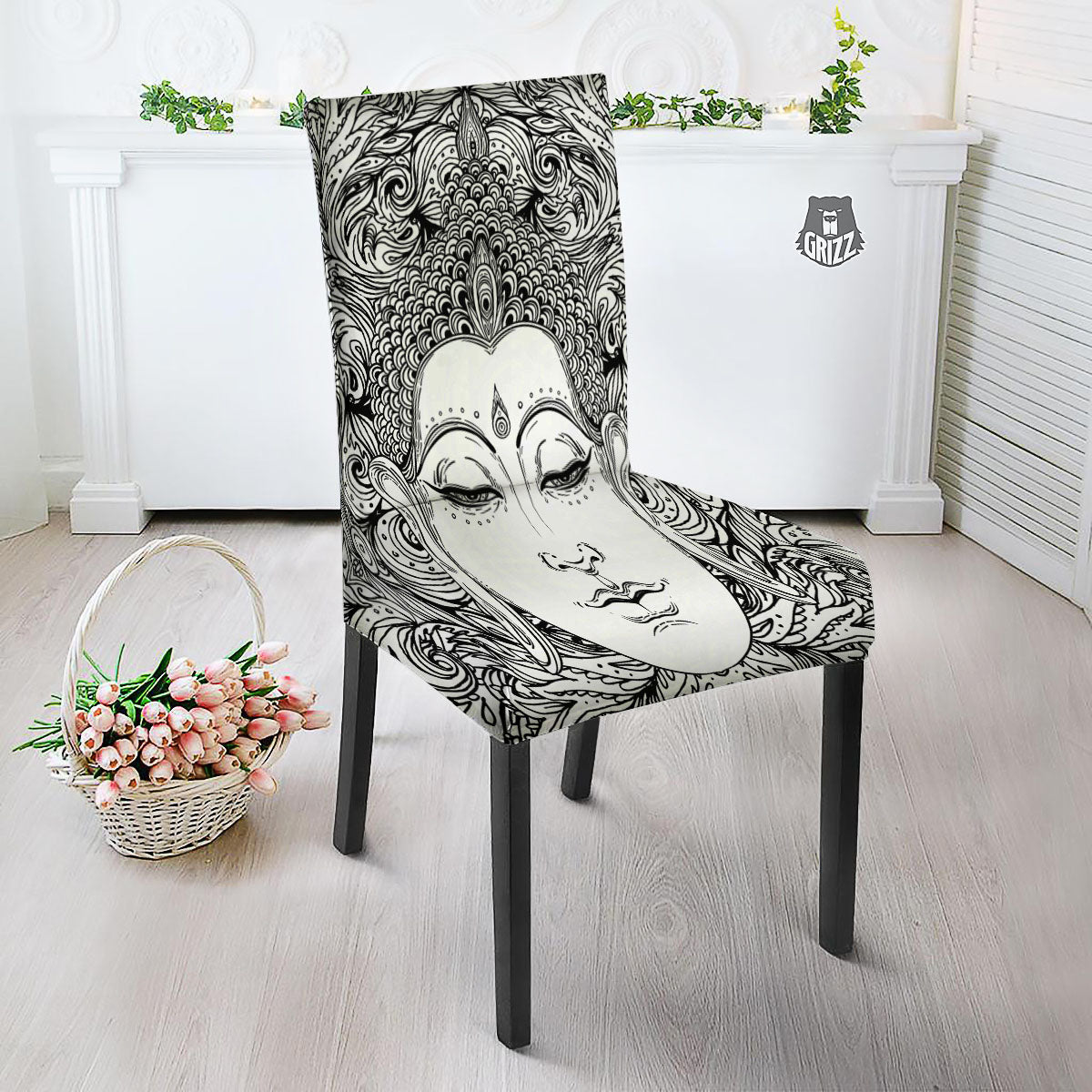 Buddha Mandala Spiritual Black White Print Dining Chair Slipcover-grizzshop
