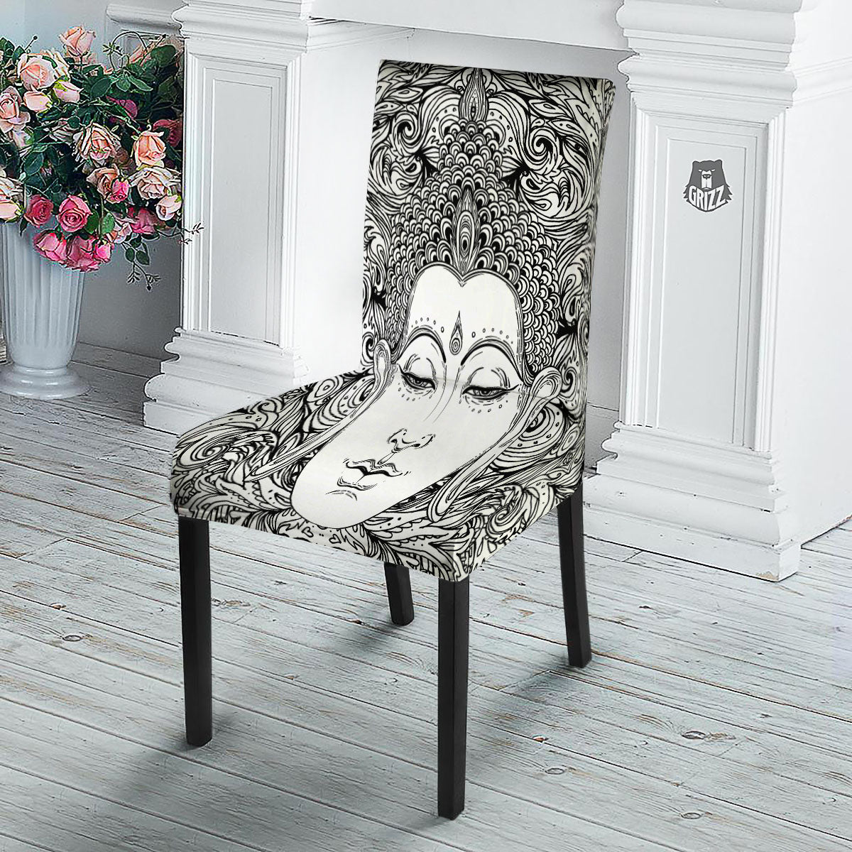 Buddha Mandala Spiritual Black White Print Dining Chair Slipcover-grizzshop