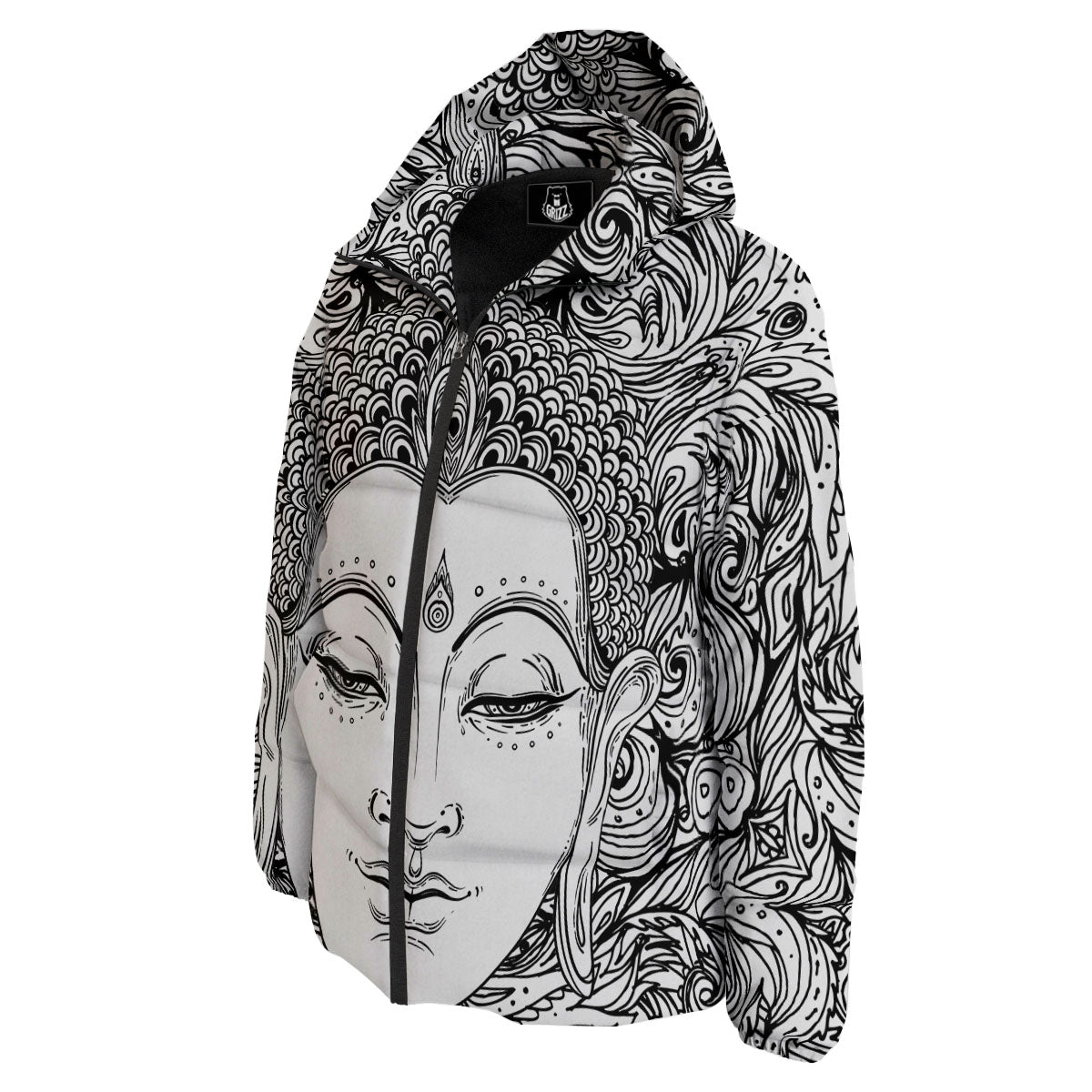 Buddha Mandala Spiritual Black White Print Down Jacket-grizzshop