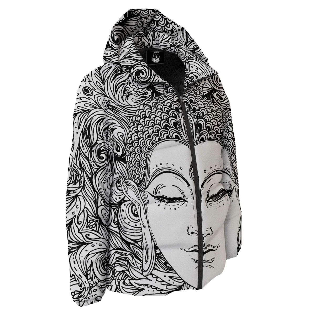 Buddha Mandala Spiritual Black White Print Down Jacket-grizzshop