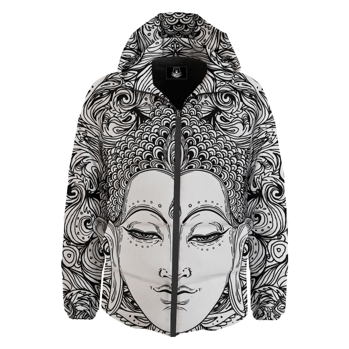 Buddha Mandala Spiritual Black White Print Down Jacket-grizzshop