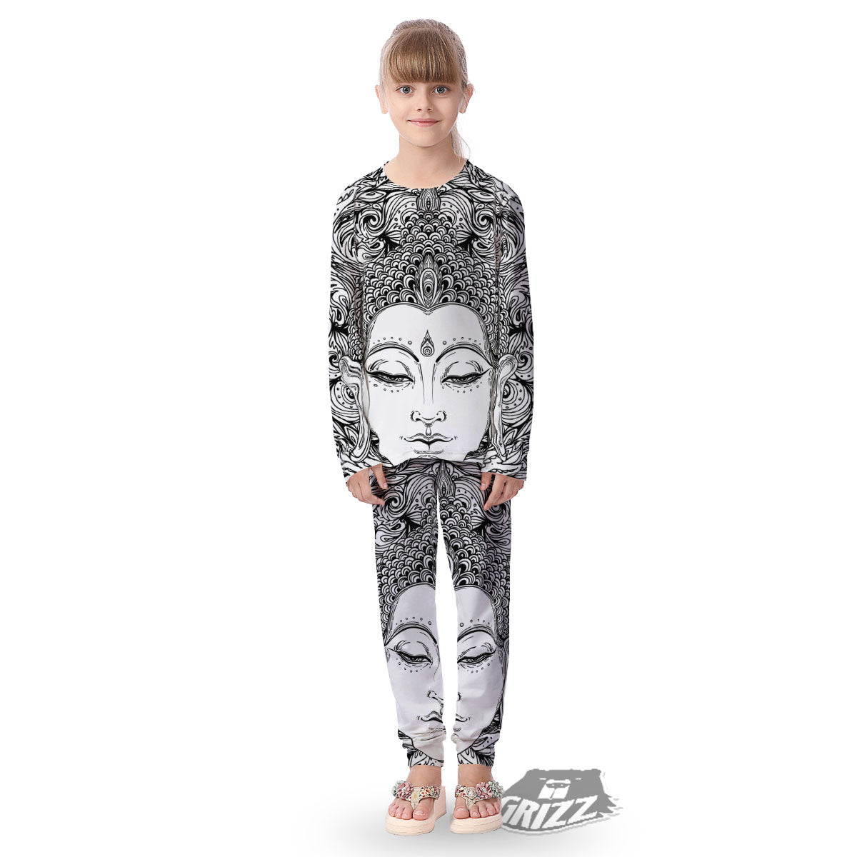 Buddha Mandala Spiritual Black White Print Kid's Pajamas-grizzshop