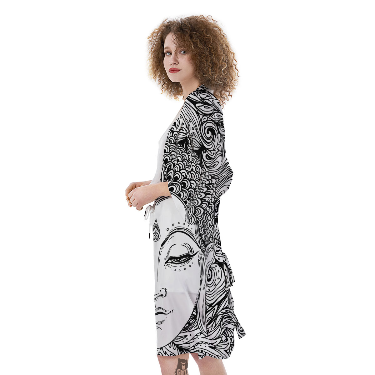 Buddha Mandala Spiritual Black White Print Kimono-grizzshop