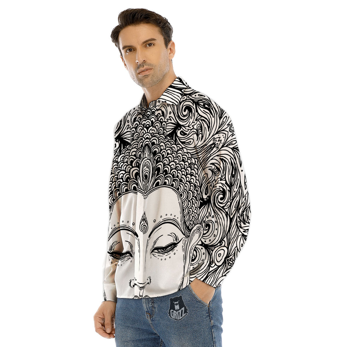 Buddha Mandala Spiritual Black White Print Men's Dress Shirts-grizzshop