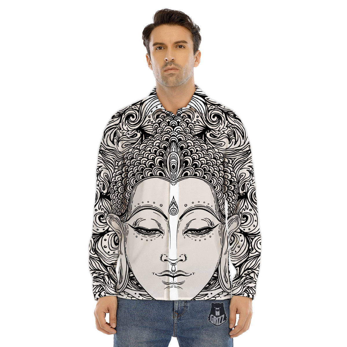 Buddha Mandala Spiritual Black White Print Men's Dress Shirts-grizzshop