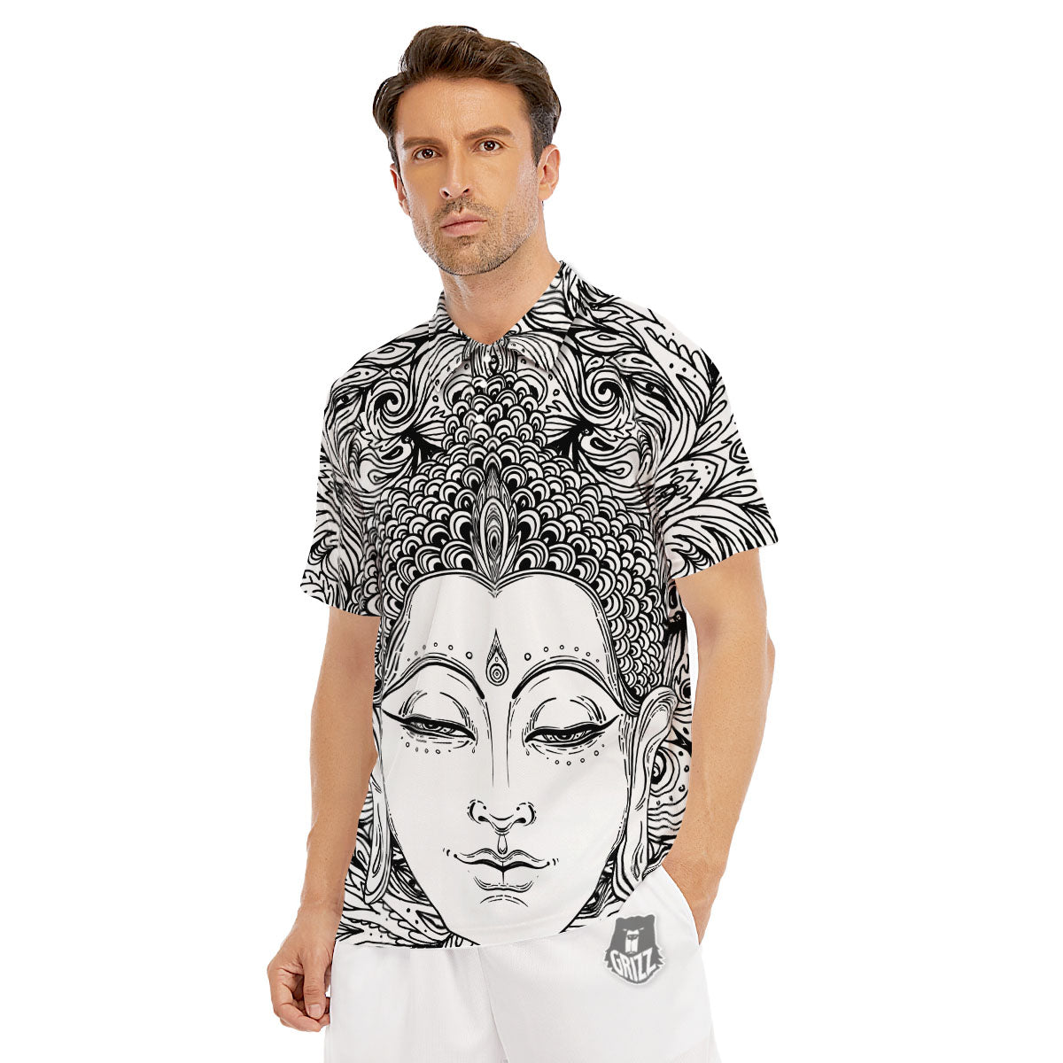 Buddha Mandala Spiritual Black White Print Men's Golf Shirts-grizzshop