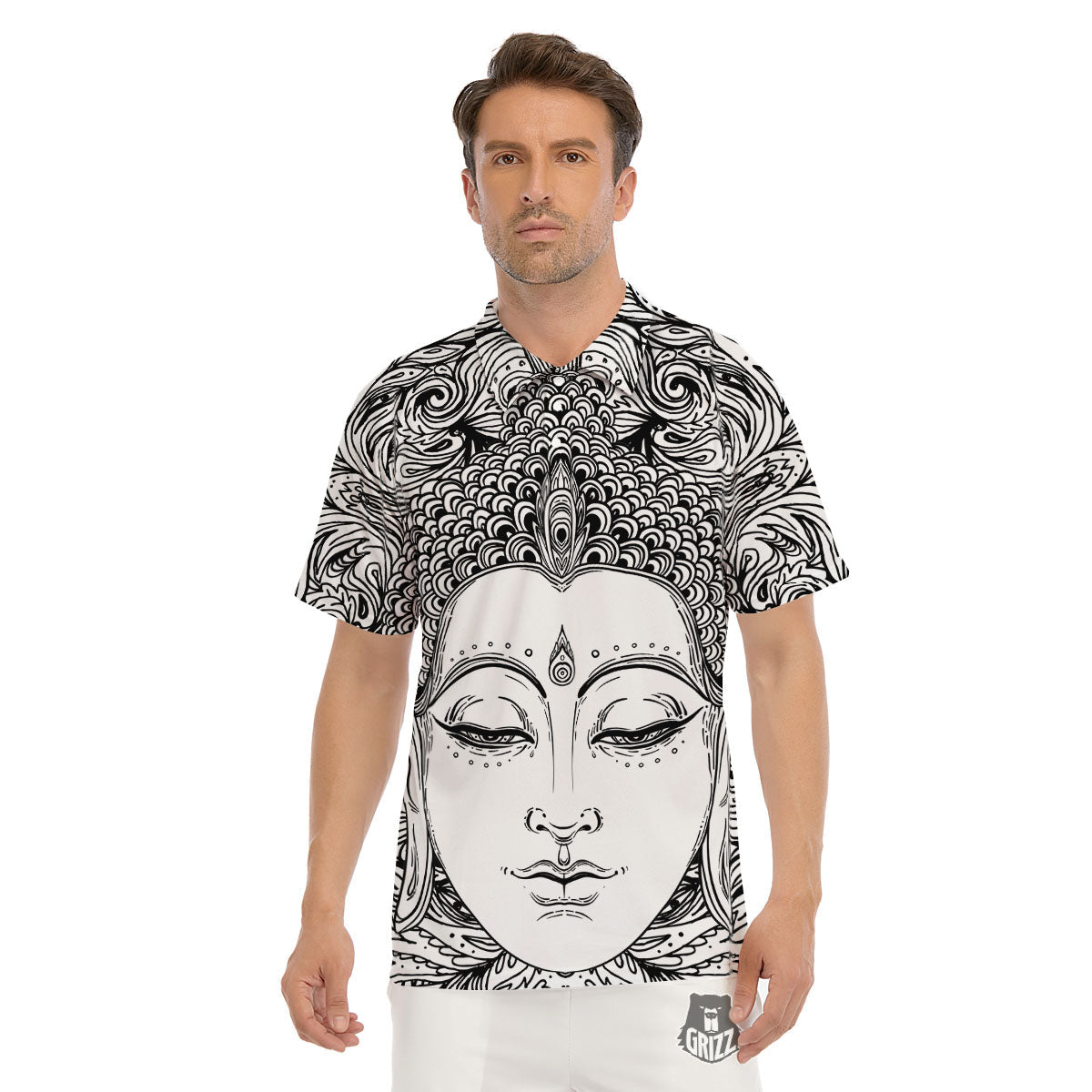 Buddha Mandala Spiritual Black White Print Men's Golf Shirts-grizzshop