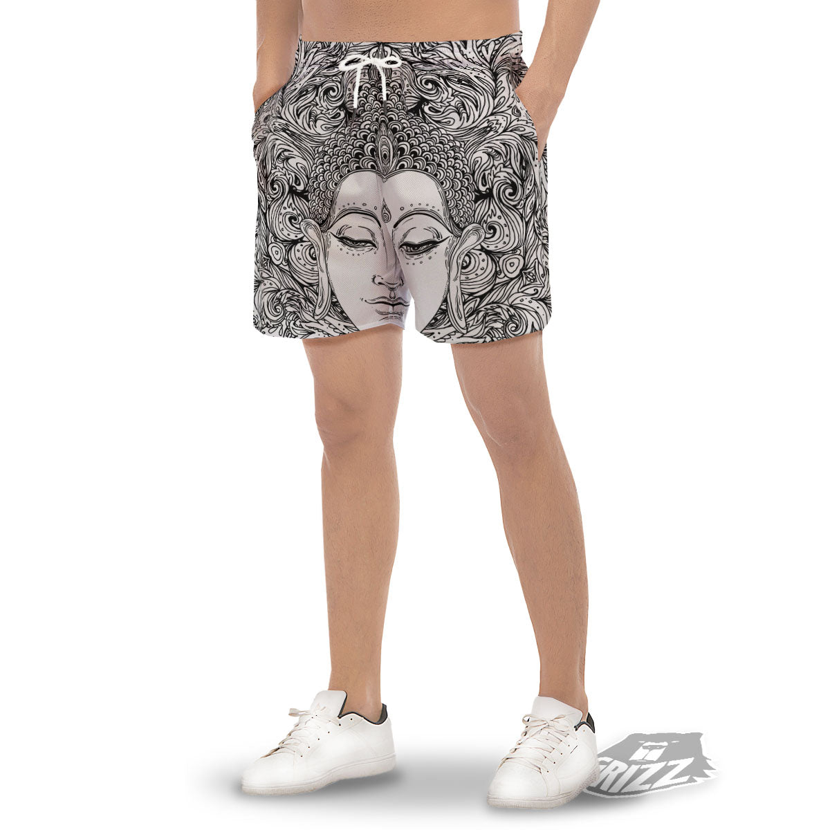 Buddha Mandala Spiritual Black White Print Men's Gym Shorts-grizzshop