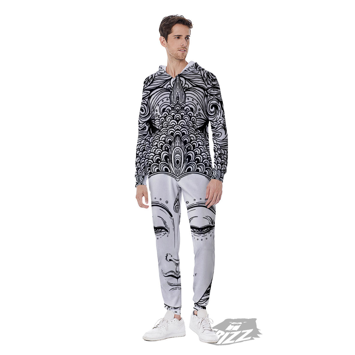 Buddha Mandala Spiritual Black White Print Men's Jumpsuit-grizzshop
