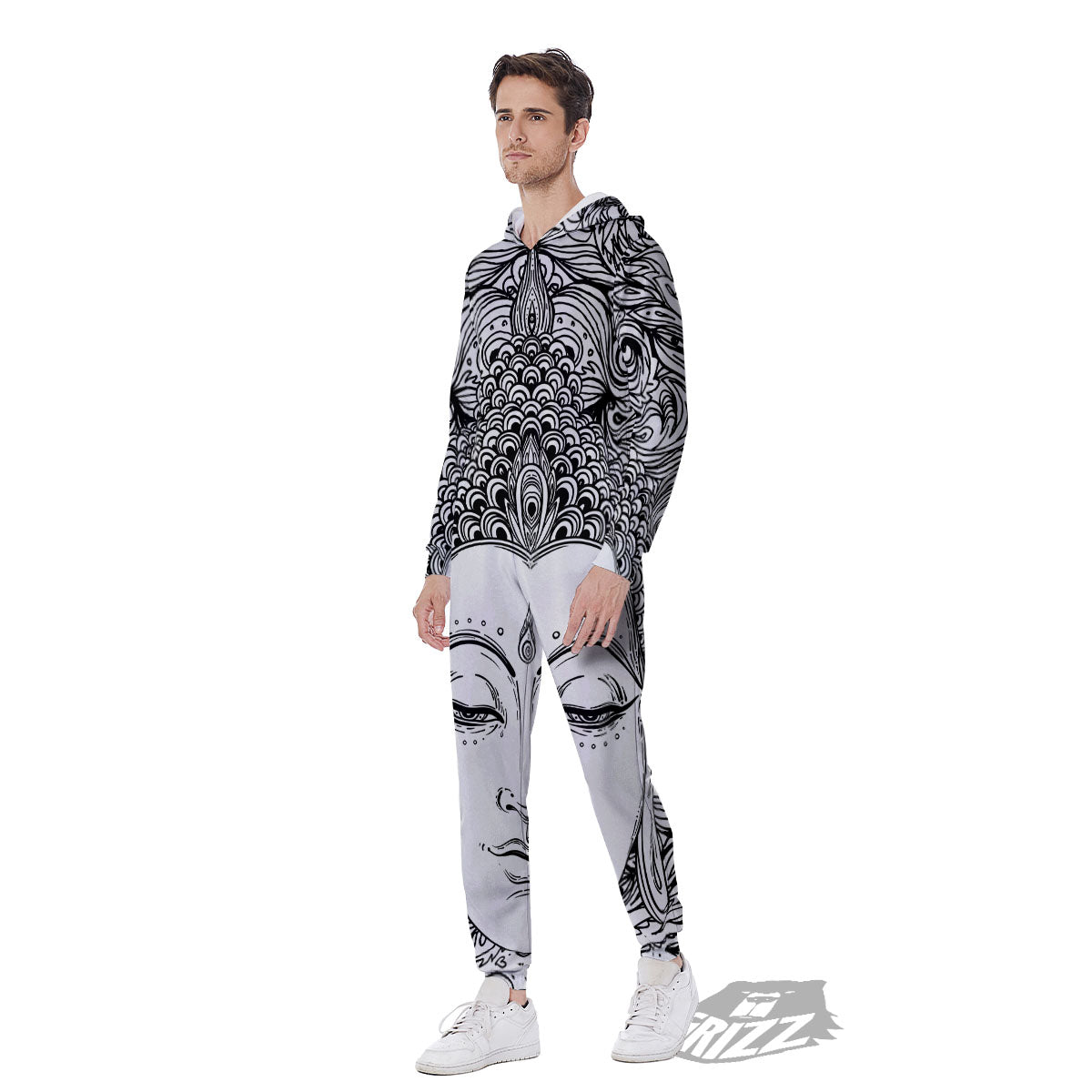 Buddha Mandala Spiritual Black White Print Men's Jumpsuit-grizzshop
