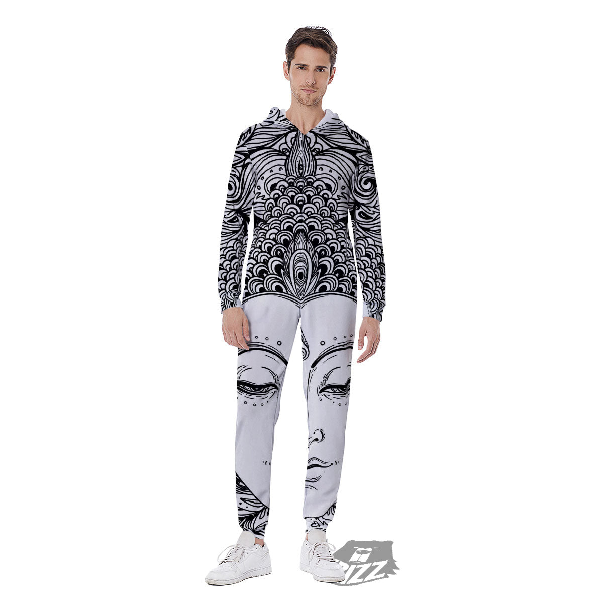 Buddha Mandala Spiritual Black White Print Men's Jumpsuit-grizzshop