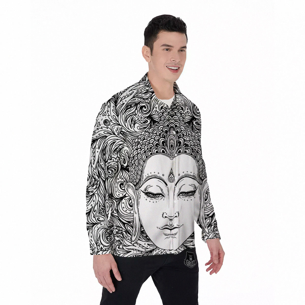 Buddha Mandala Spiritual Black White Print Men's Long Sleeve Shirts-grizzshop