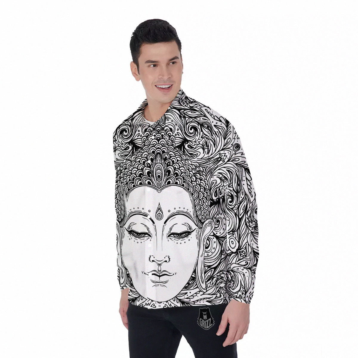 Buddha Mandala Spiritual Black White Print Men's Long Sleeve Shirts-grizzshop
