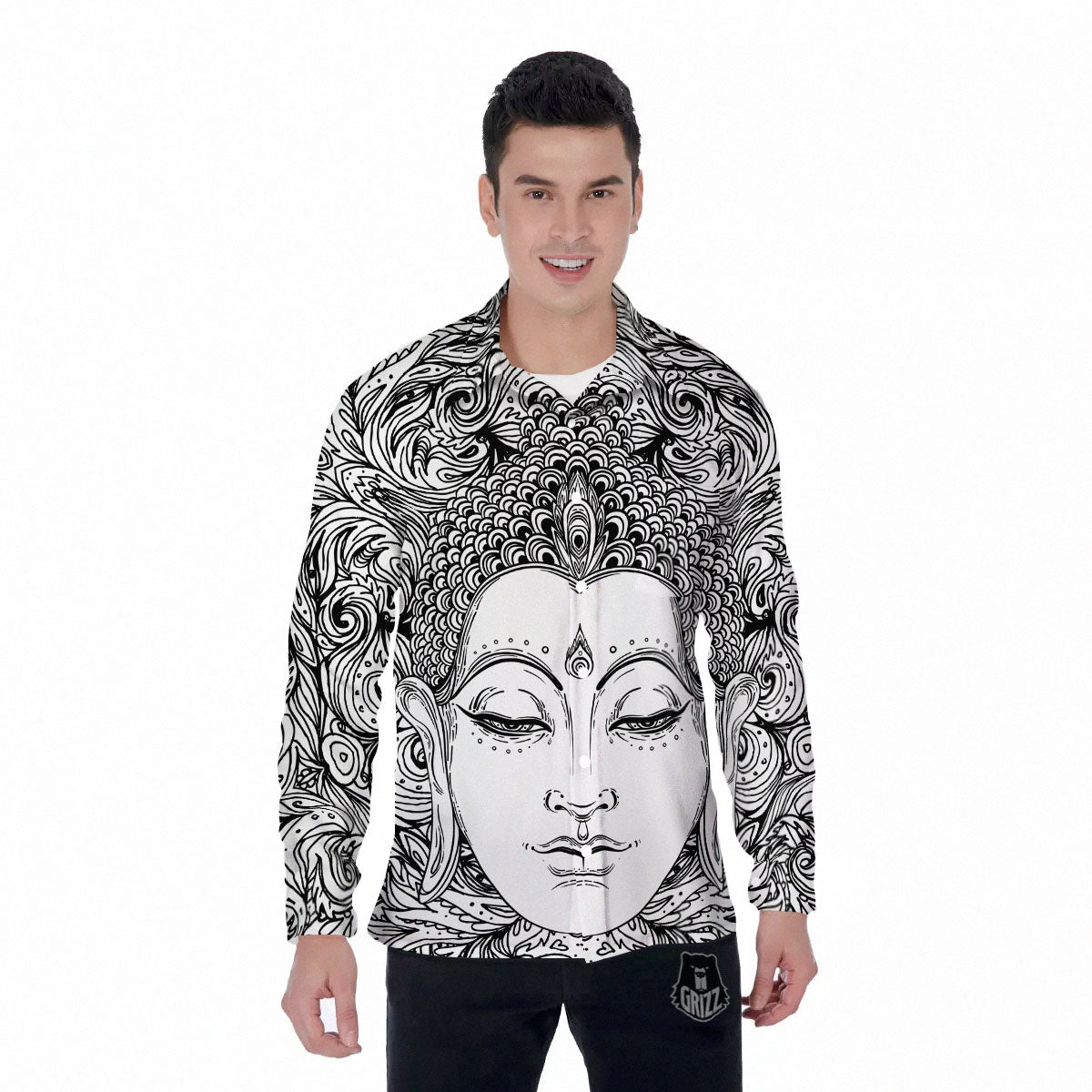 Buddha Mandala Spiritual Black White Print Men's Long Sleeve Shirts-grizzshop