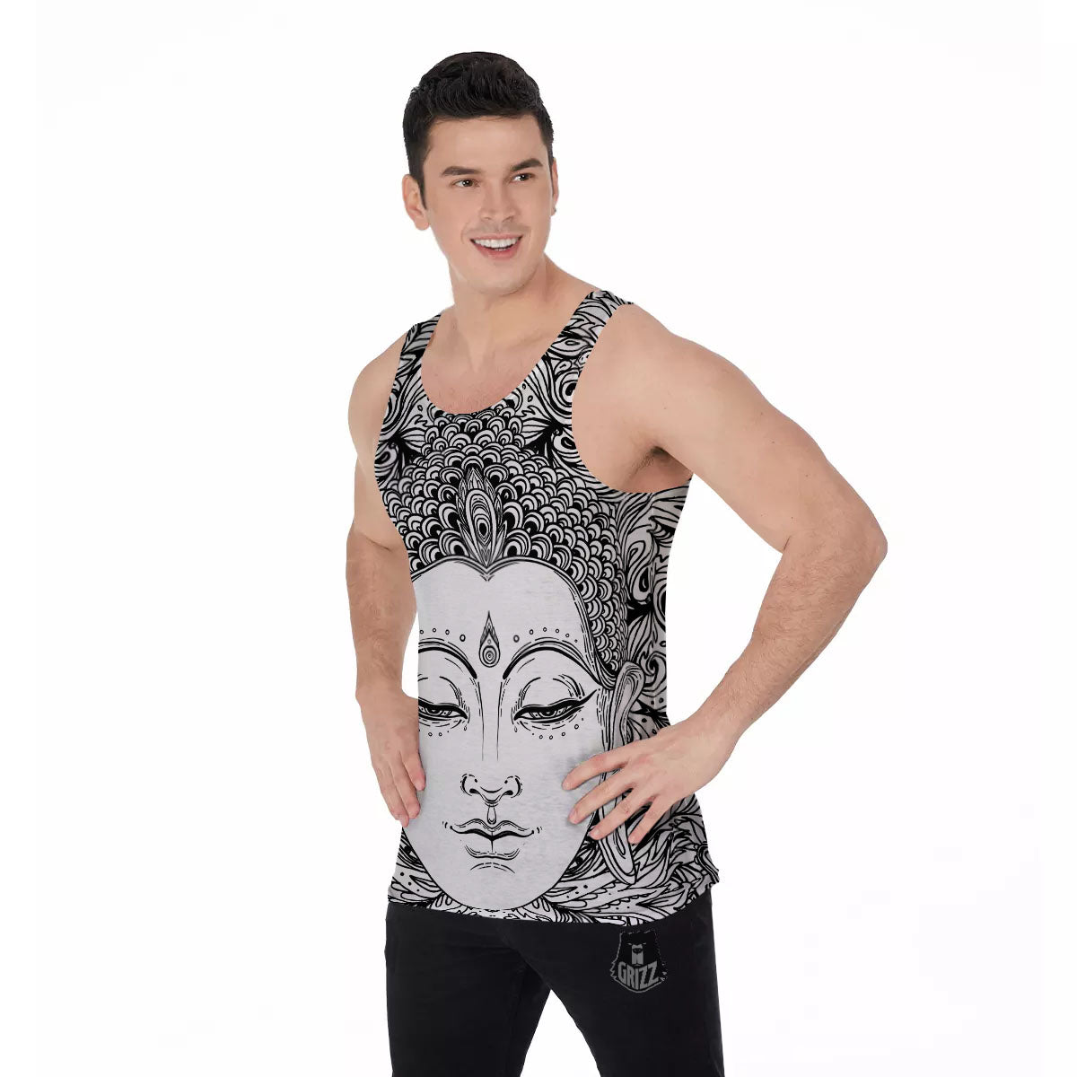 Buddha Mandala Spiritual Black White Print Men's Tank Top-grizzshop