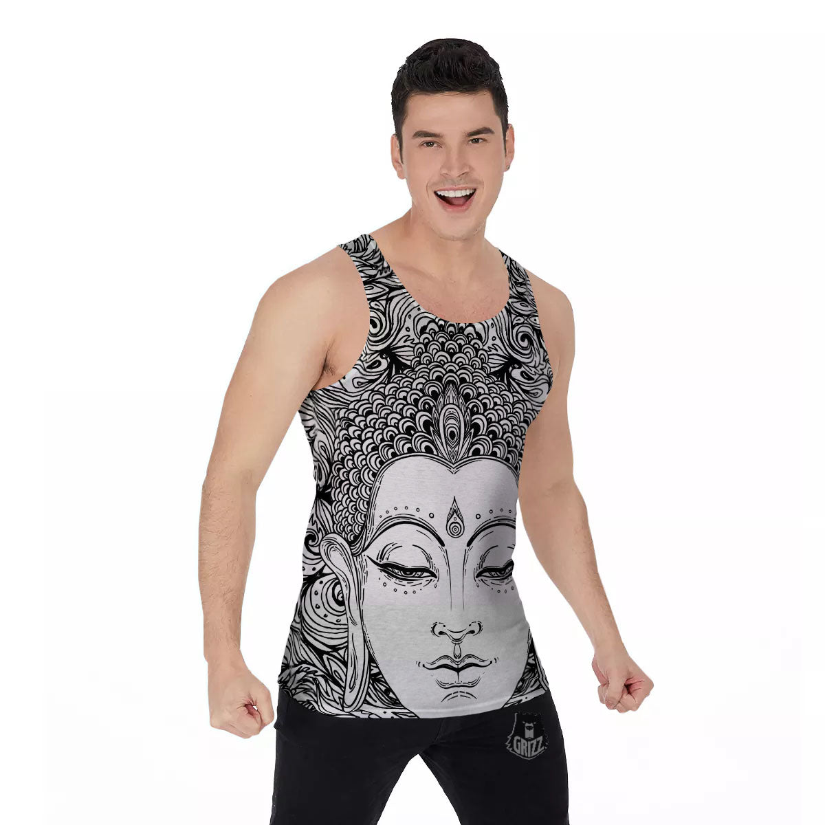 Buddha Mandala Spiritual Black White Print Men's Tank Top-grizzshop