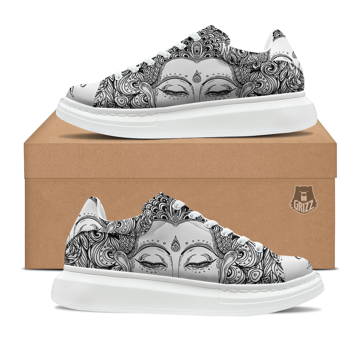 Buddha Mandala Spiritual Black White Print Platform Shoes-grizzshop