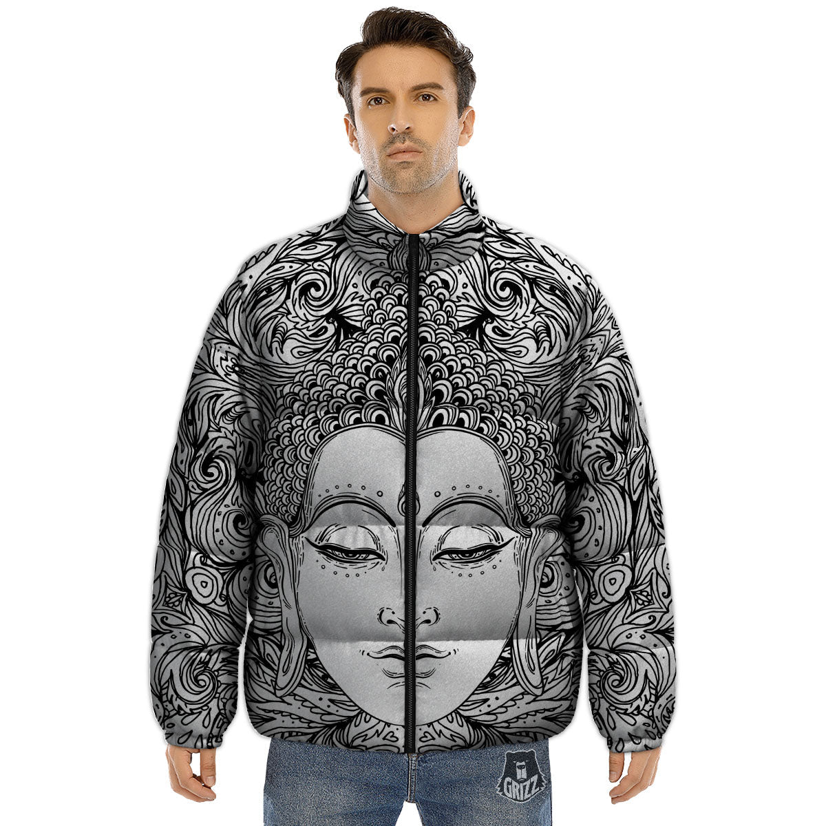 Buddha Mandala Spiritual Black White Print Puffer Jacket-grizzshop