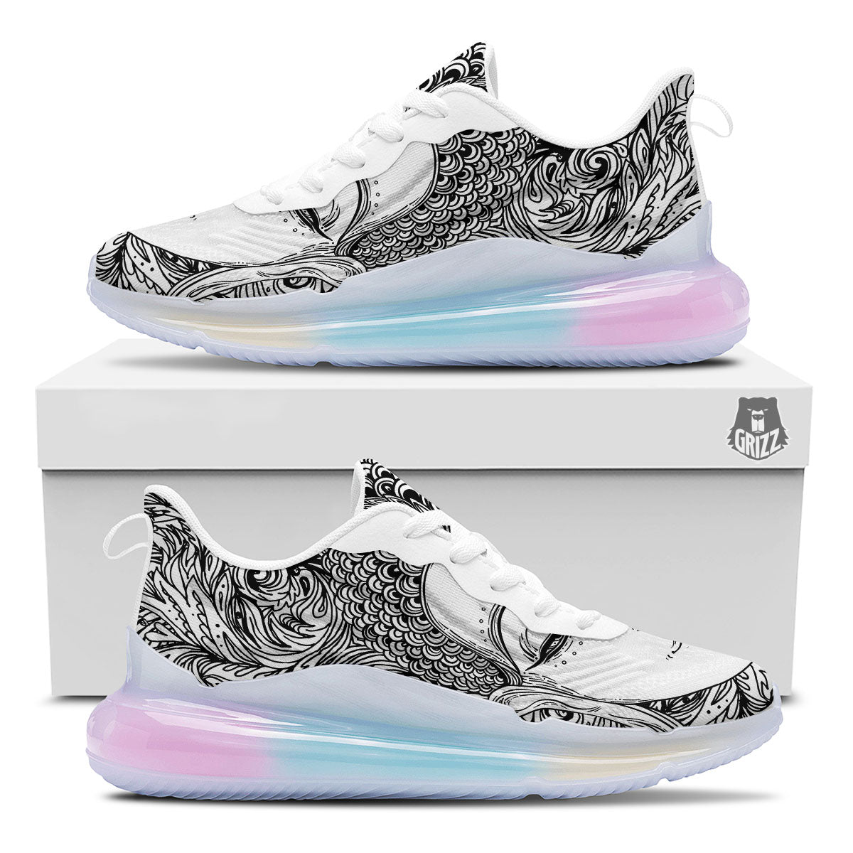 Buddha Mandala Spiritual Black White Print Running Sneakers-grizzshop
