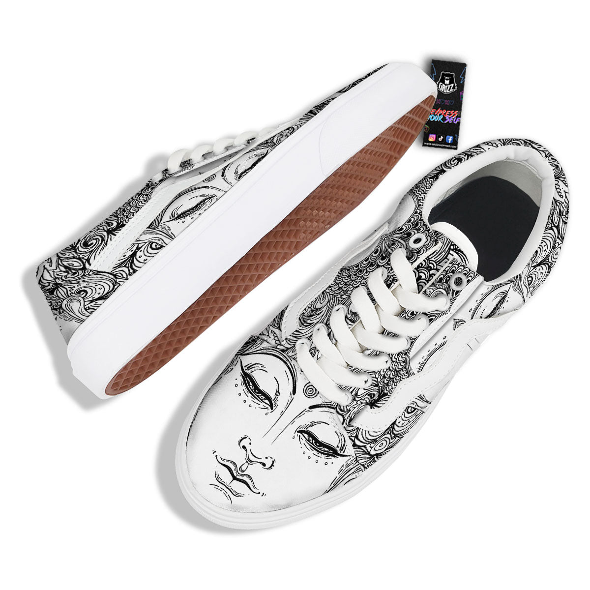 Buddha Mandala Spiritual Black White Print Skate Shoes-grizzshop