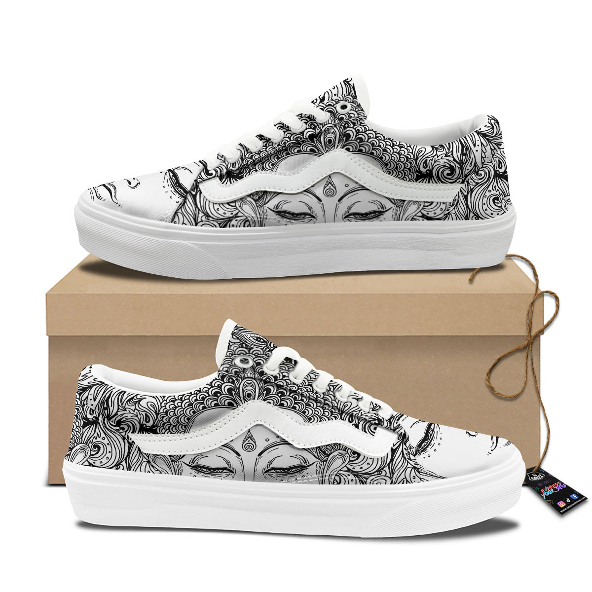 Buddha Mandala Spiritual Black White Print Skate Shoes-grizzshop
