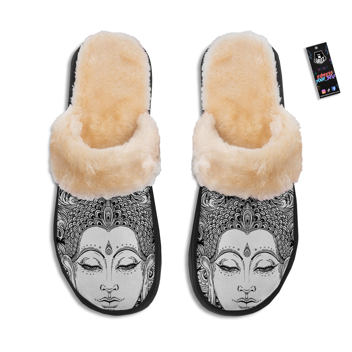 Buddha Mandala Spiritual Black White Print Slippers-grizzshop