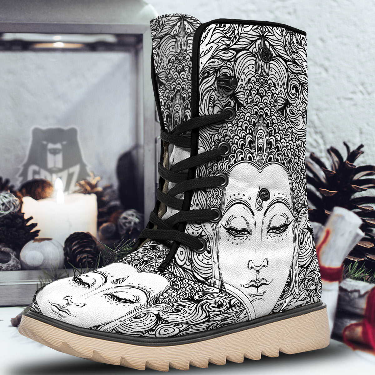 Buddha Mandala Spiritual Black White Print Snow Boots-grizzshop