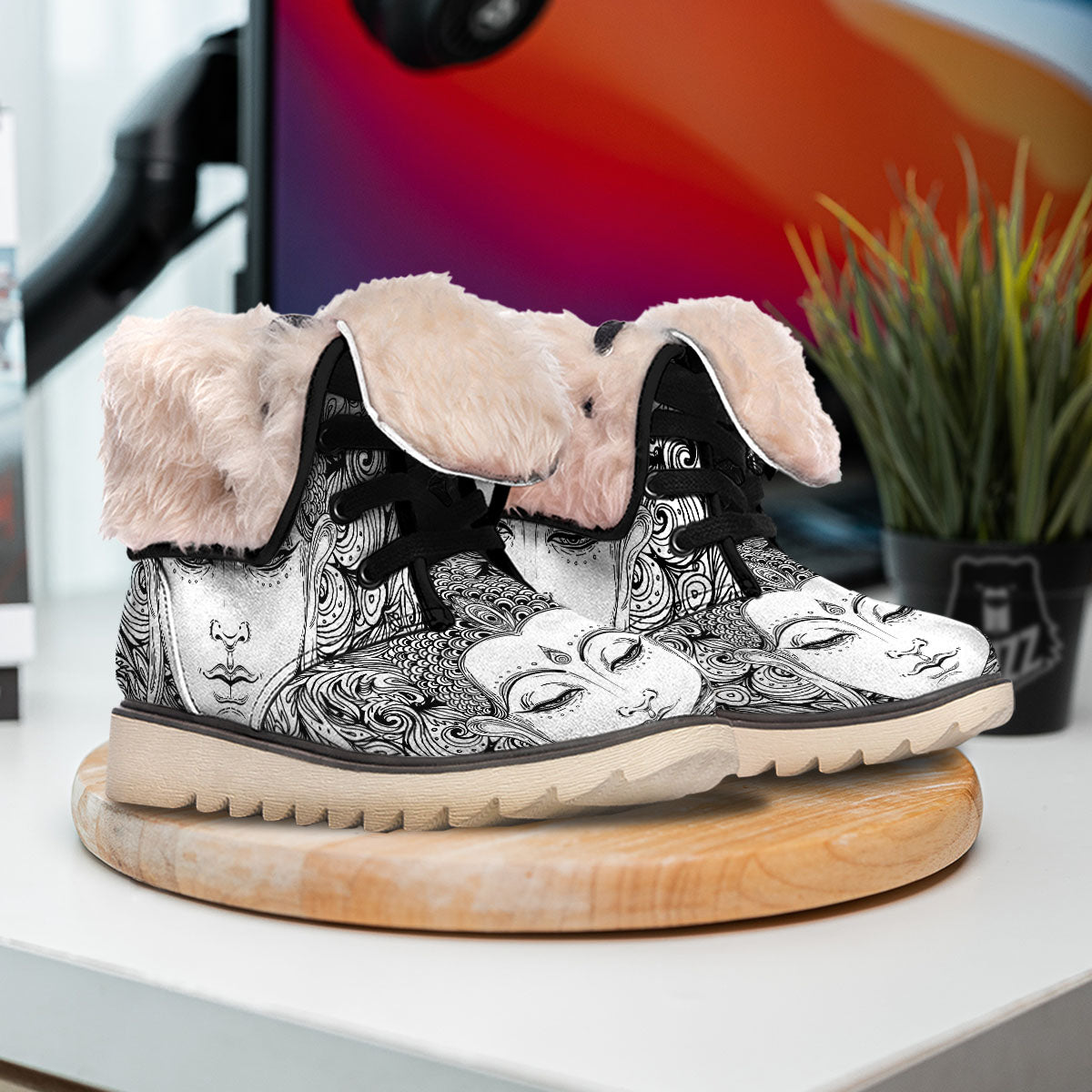 Buddha Mandala Spiritual Black White Print Snow Boots-grizzshop