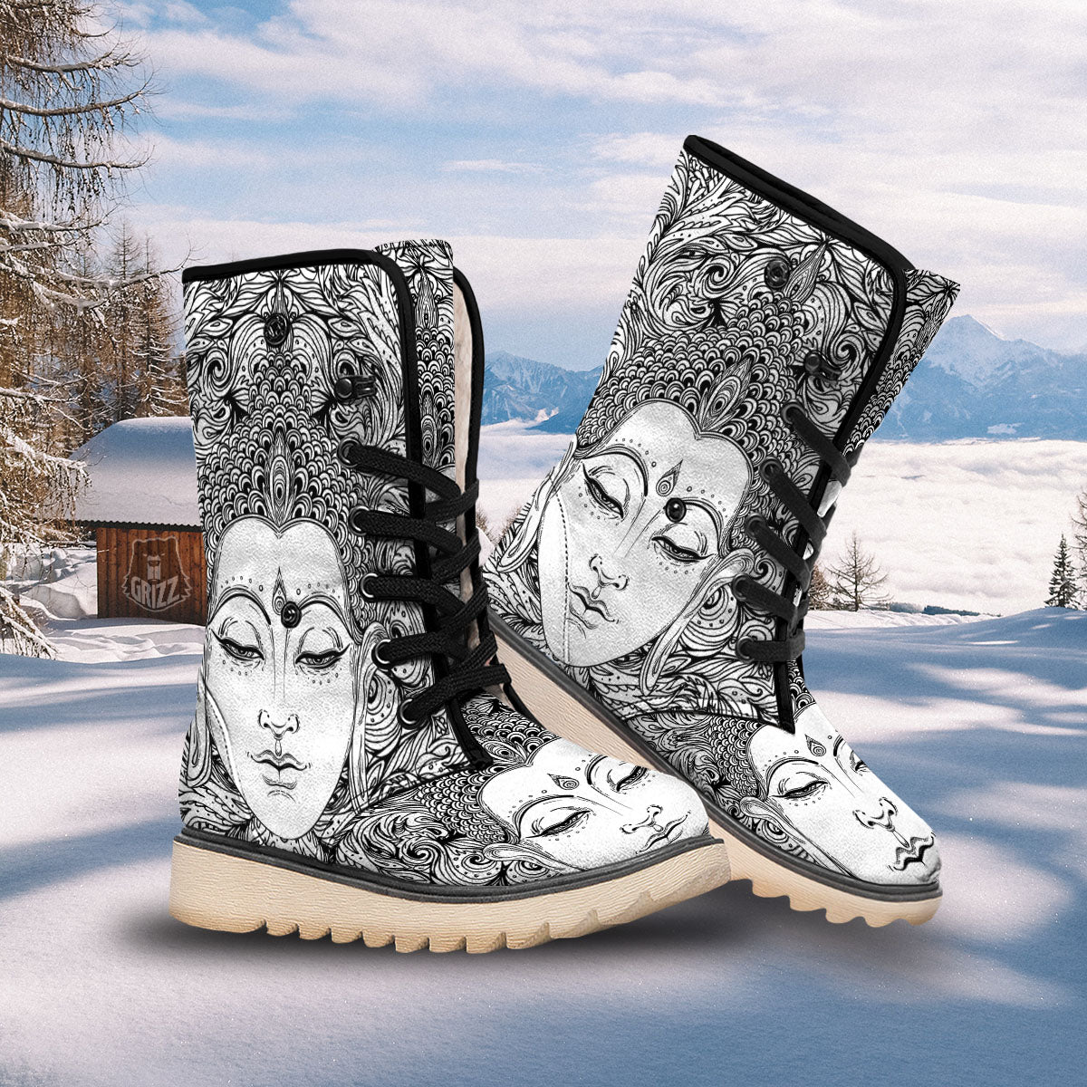 Buddha Mandala Spiritual Black White Print Snow Boots-grizzshop