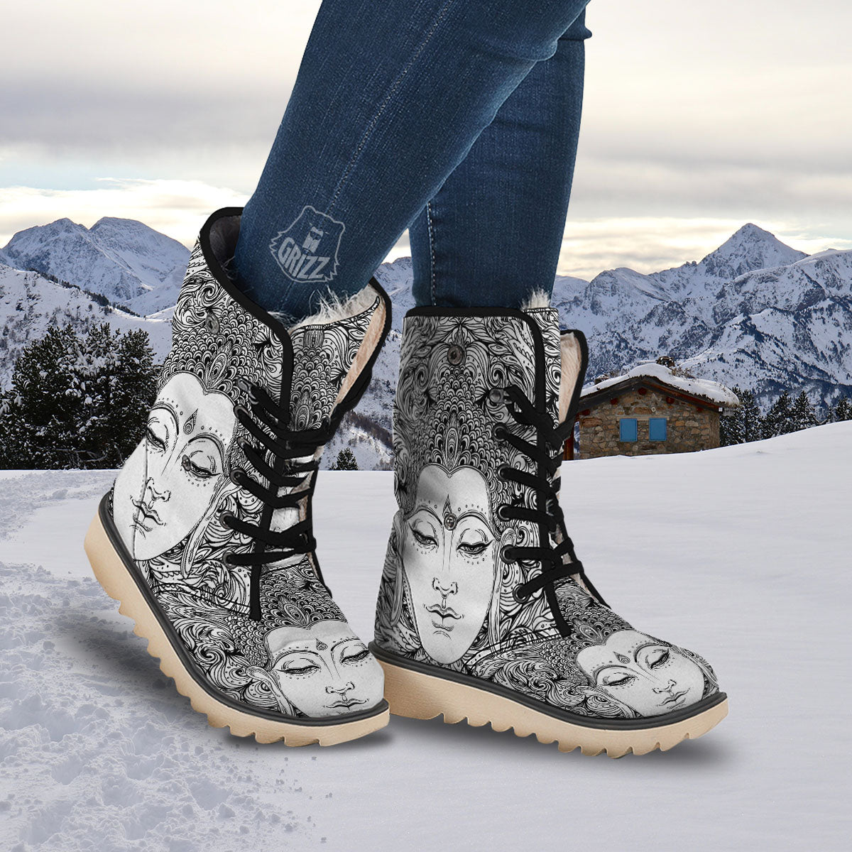 Buddha Mandala Spiritual Black White Print Snow Boots-grizzshop