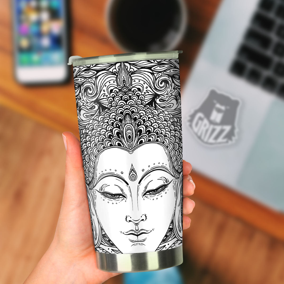 Buddha Mandala Spiritual Black White Print Tumbler-grizzshop