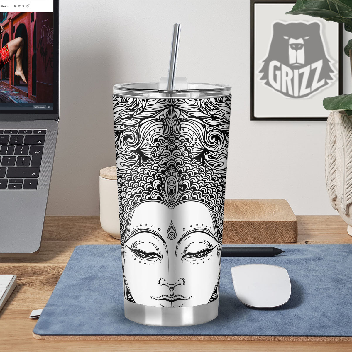 Buddha Mandala Spiritual Black White Print Tumbler-grizzshop