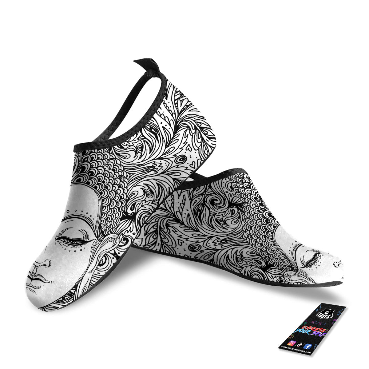 Buddha Mandala Spiritual Black White Print Water Shoes-grizzshop
