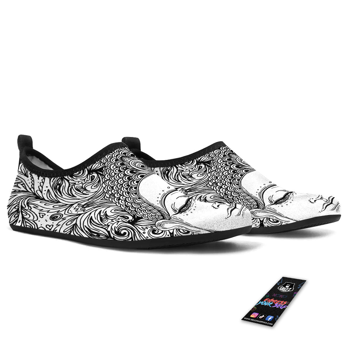 Buddha Mandala Spiritual Black White Print Water Shoes-grizzshop