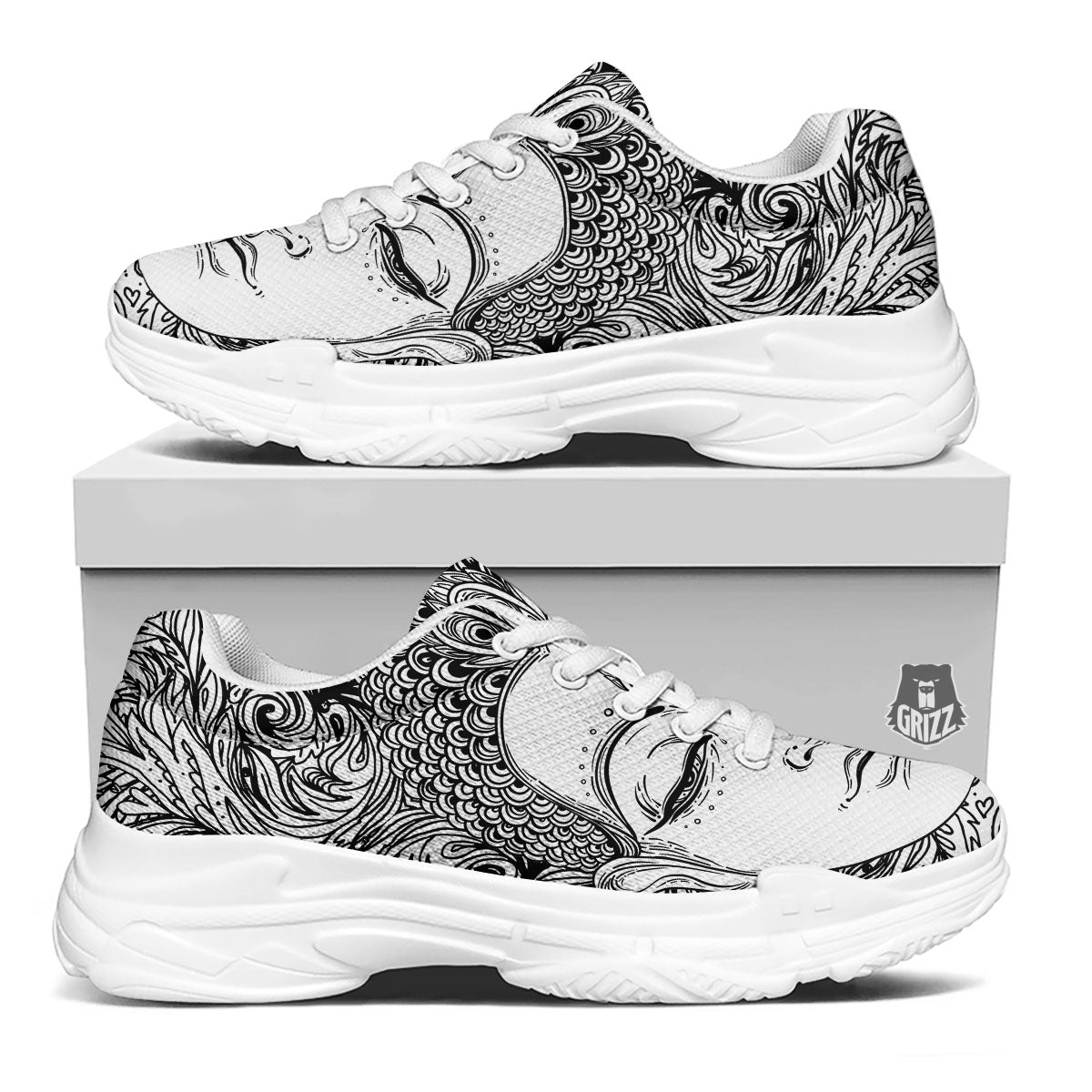 Buddha Mandala Spiritual Black White Print White Chunky Shoes-grizzshop