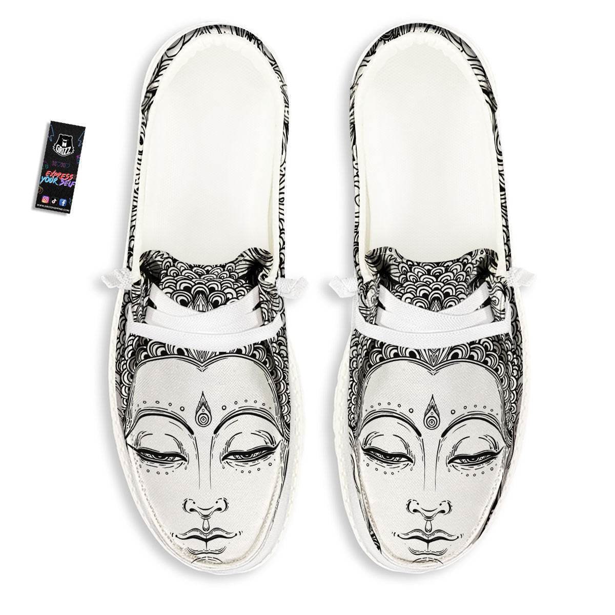Buddha Mandala Spiritual Black White Print White Loafers-grizzshop