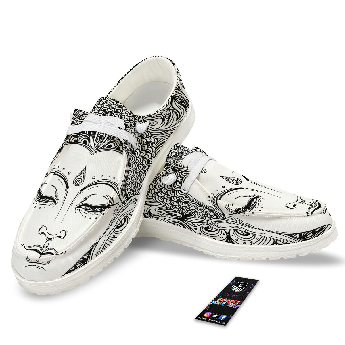 Buddha Mandala Spiritual Black White Print White Loafers-grizzshop