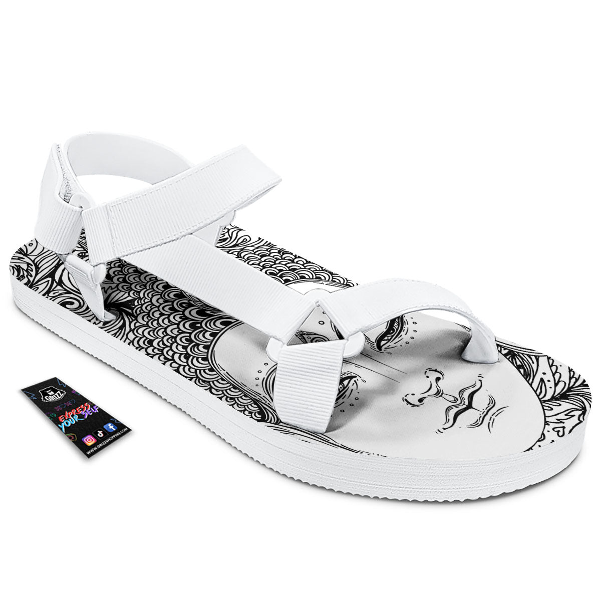 Buddha Mandala Spiritual Black White Print White Open Toe Sandals-grizzshop