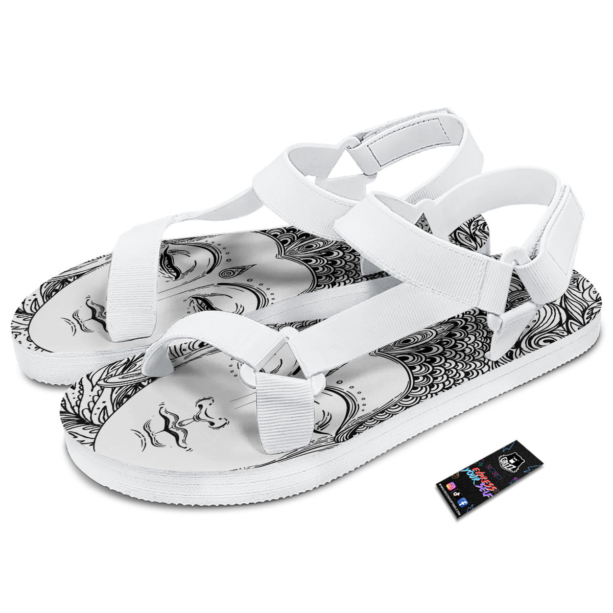 Buddha Mandala Spiritual Black White Print White Open Toe Sandals-grizzshop