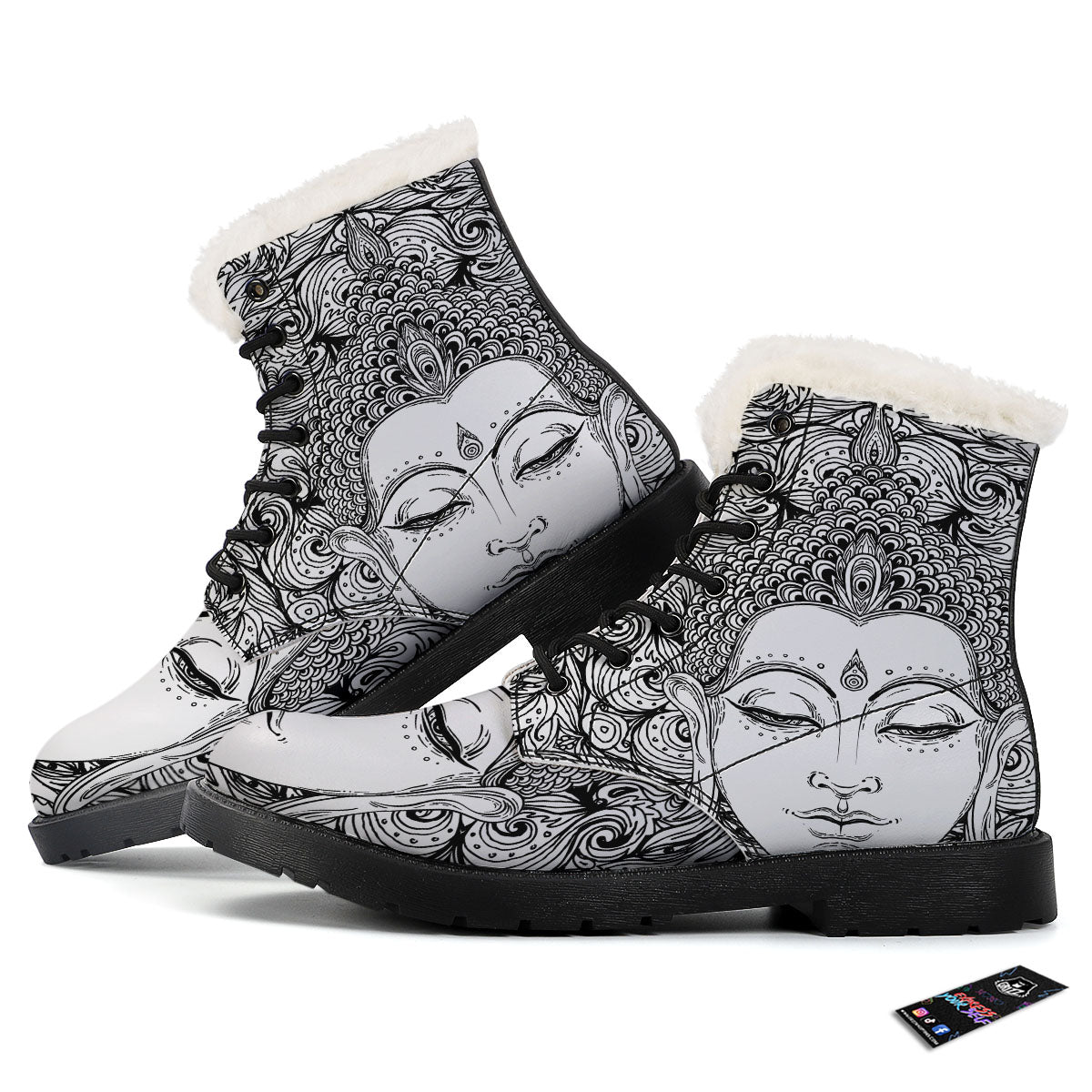 Buddha Mandala Spiritual Black White Print Winter Boots-grizzshop
