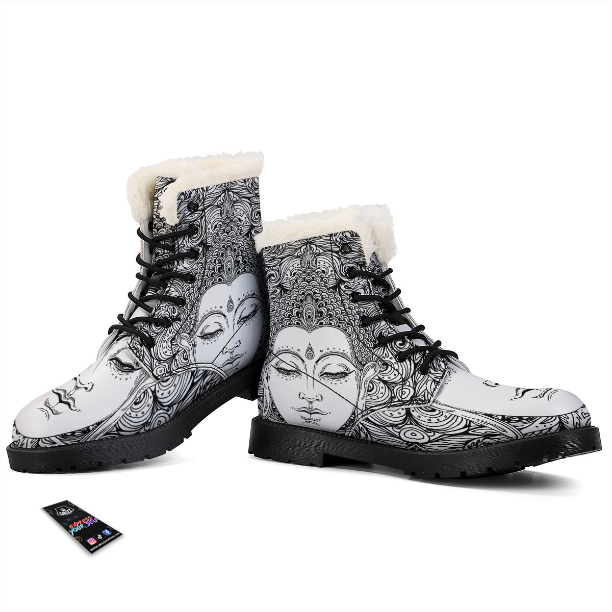 Buddha Mandala Spiritual Black White Print Winter Boots-grizzshop