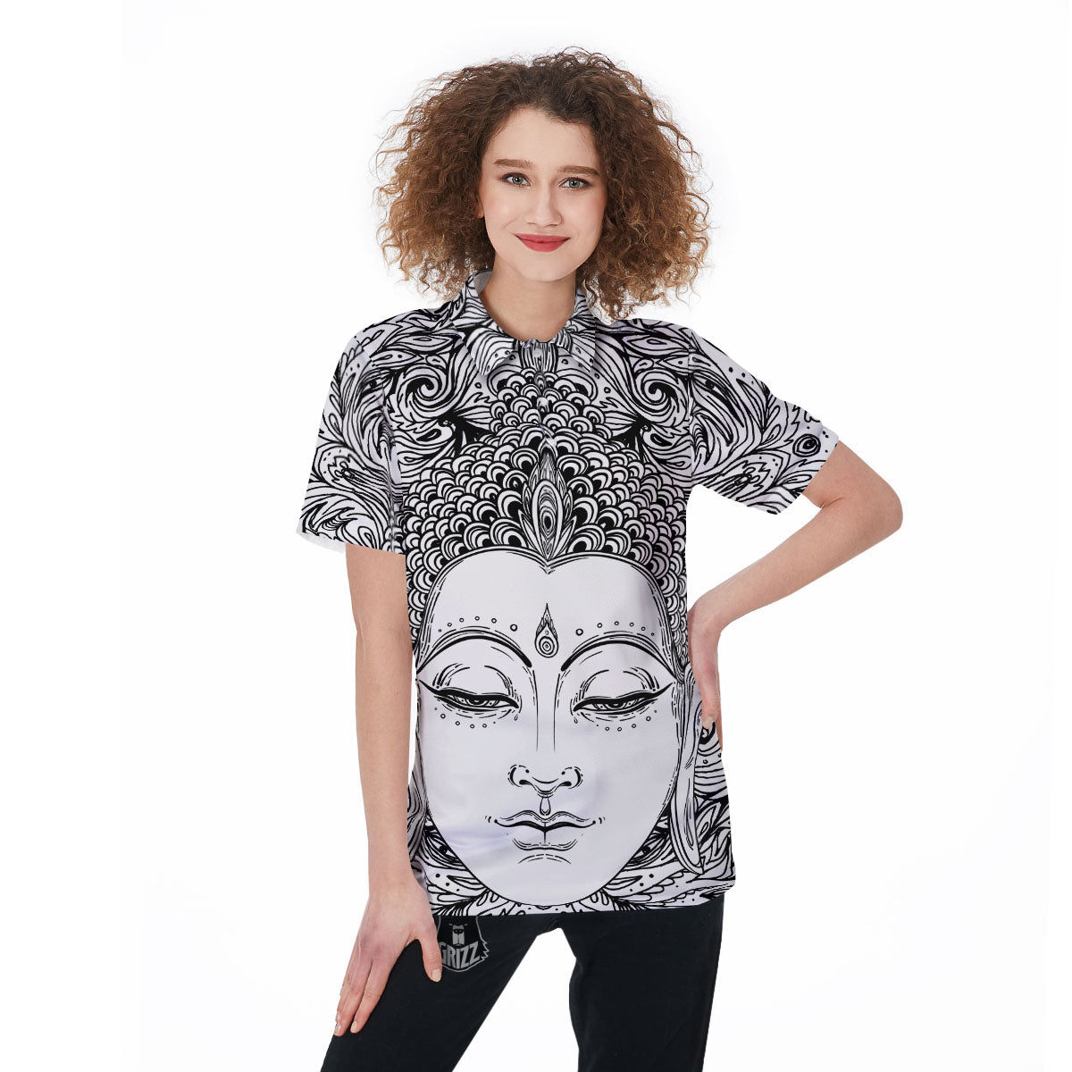 Buddha Mandala Spiritual Black White Print Women's Golf Shirts-grizzshop